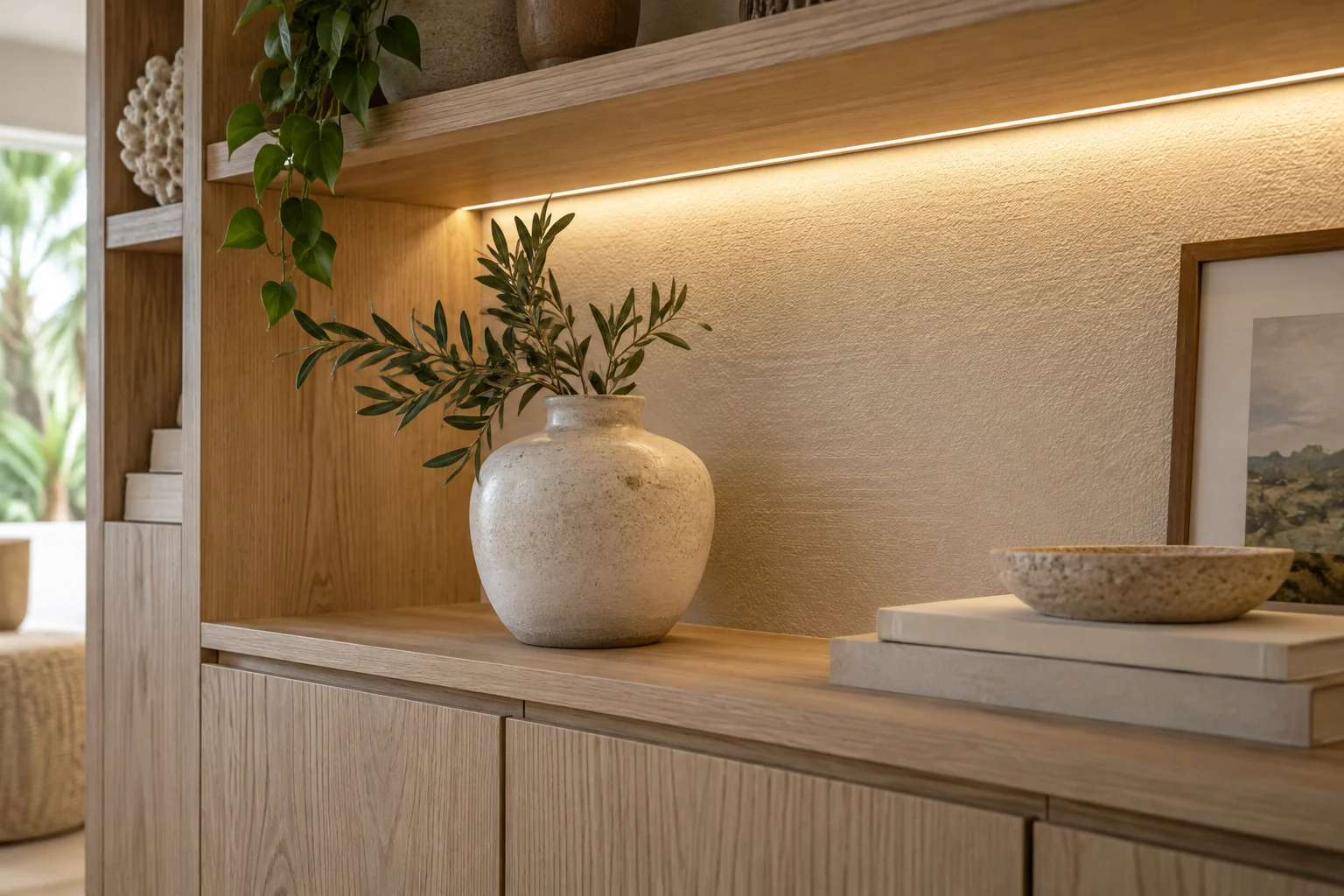 Conceptual oak shelving detail with a concealed warm lighting channel and softly illuminated objects