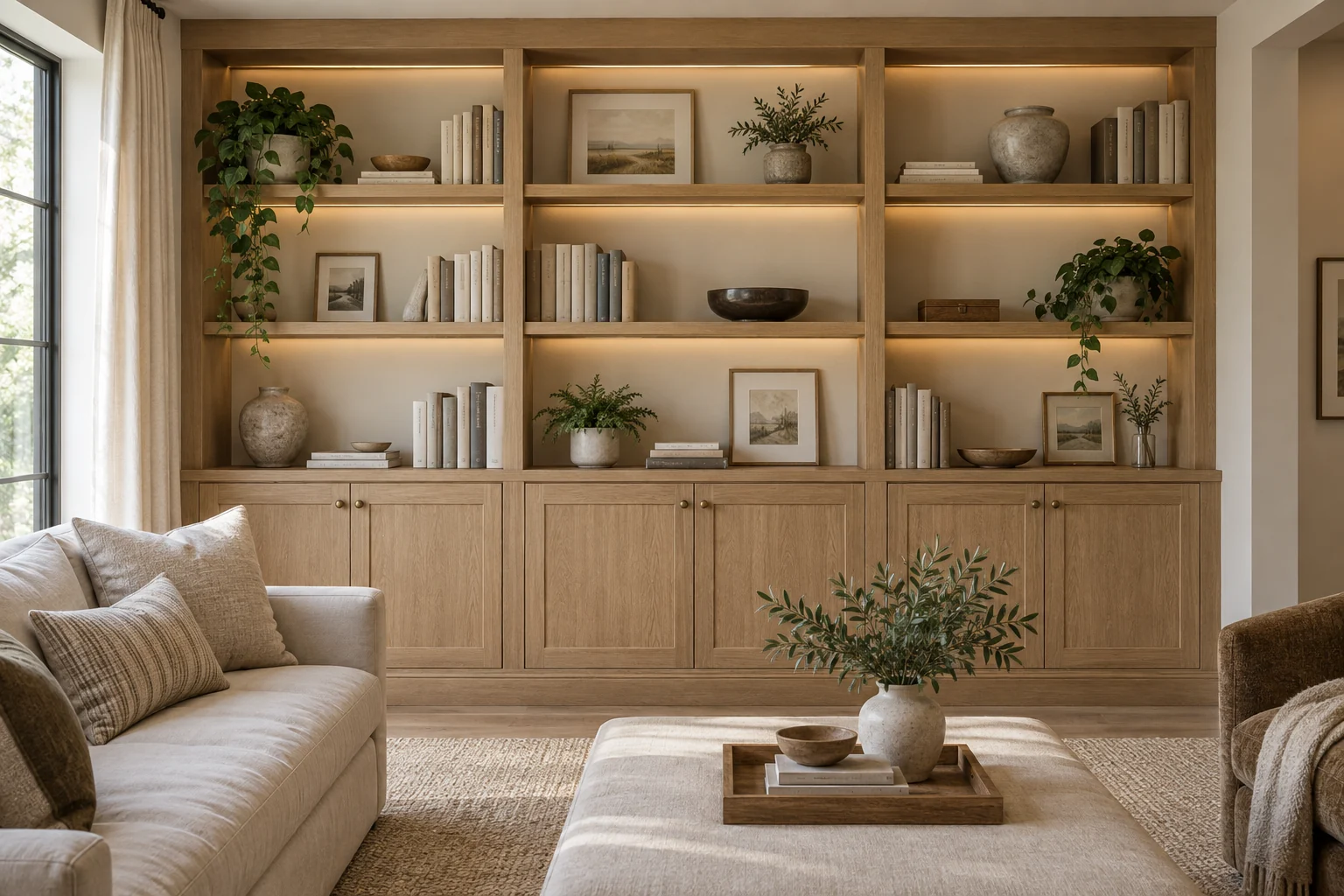 Conceptual warm neutral living room with fitted oak shelving and closed storage designed around a wall niche