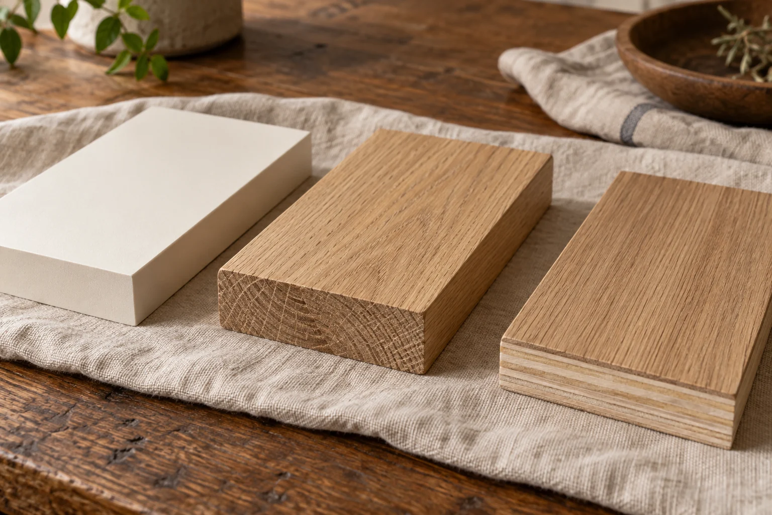 Conceptual close-up of painted panel, solid oak and wood veneer samples with their edges visible