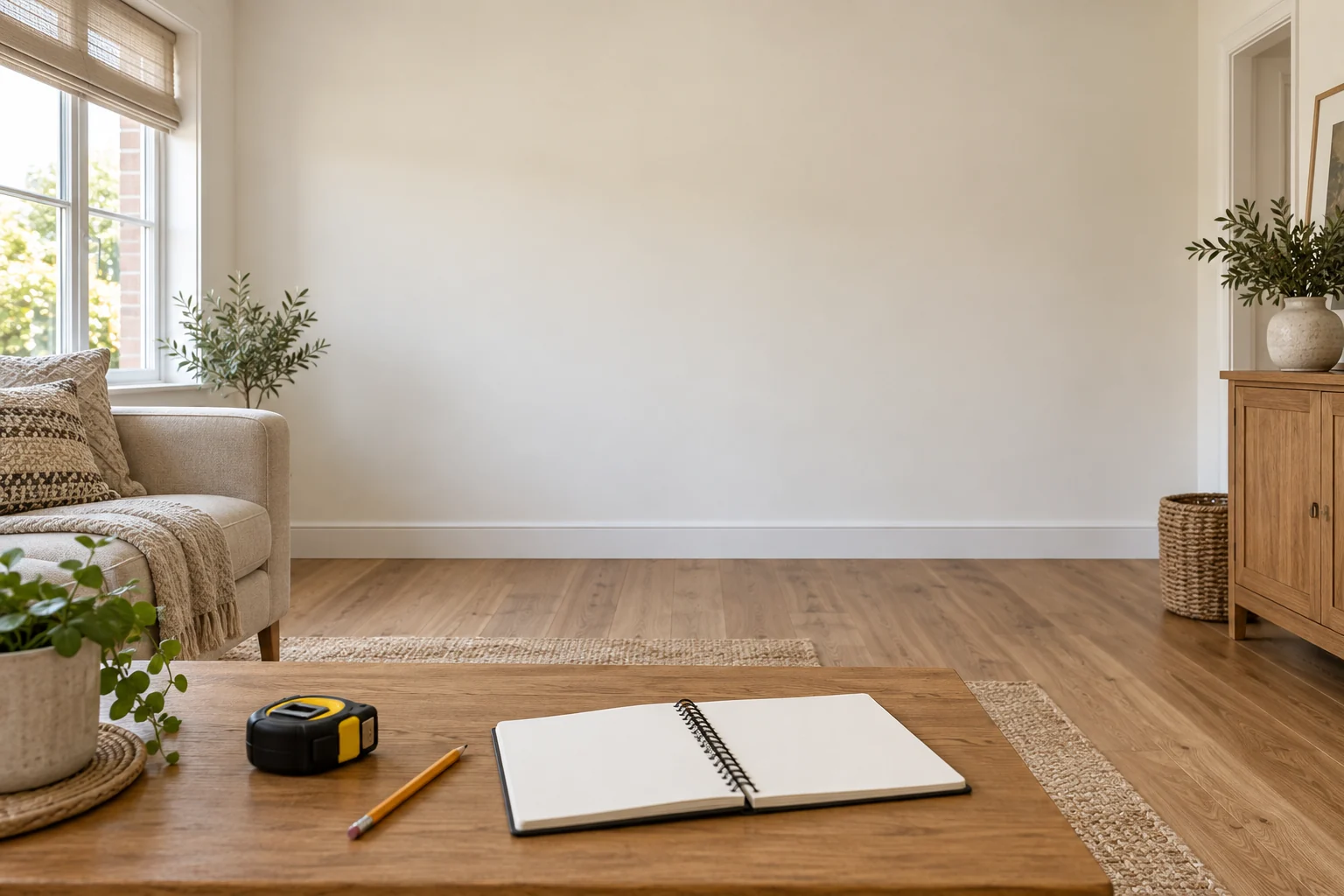 Conceptual project-planning scene with a blank wall, tape measure and notebook in a neutral living room
