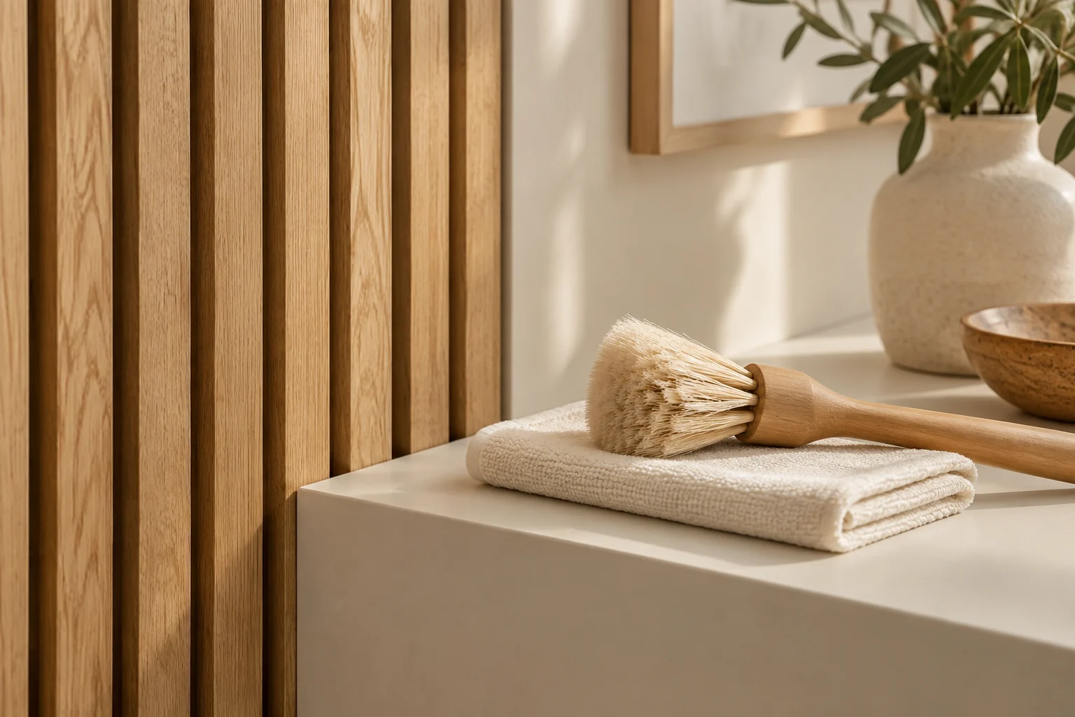 Conceptual close-up of oak slats, a painted ledge and a soft cleaning cloth in a warm neutral interior