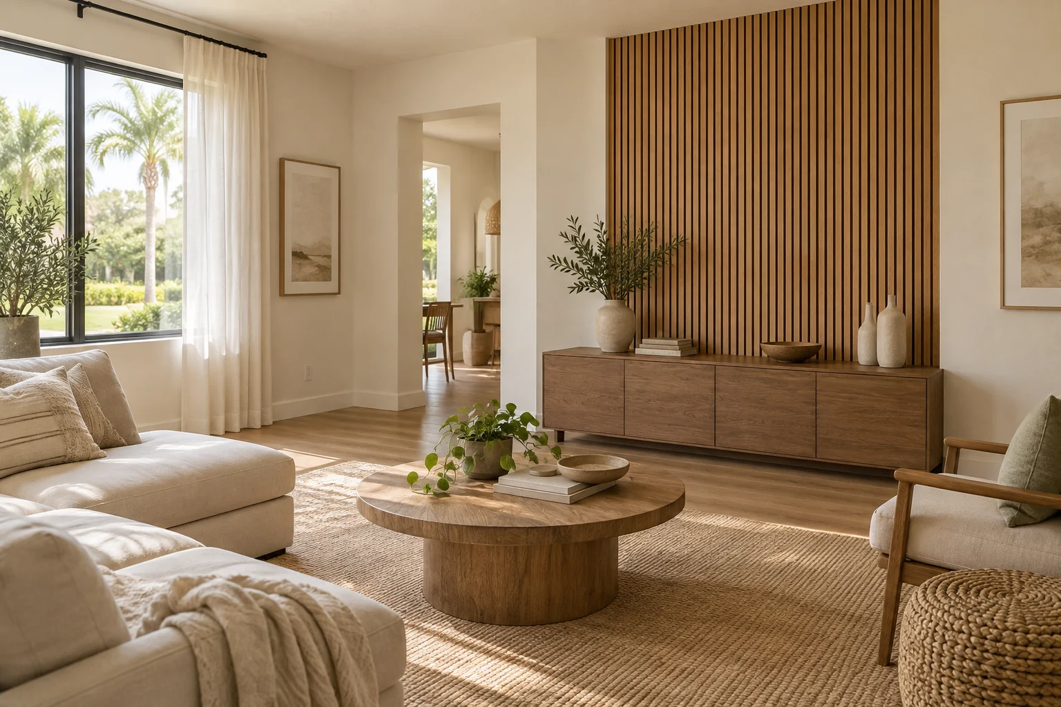 Conceptual Florida living room with a restrained oak accent wall, ivory furnishings and natural daylight