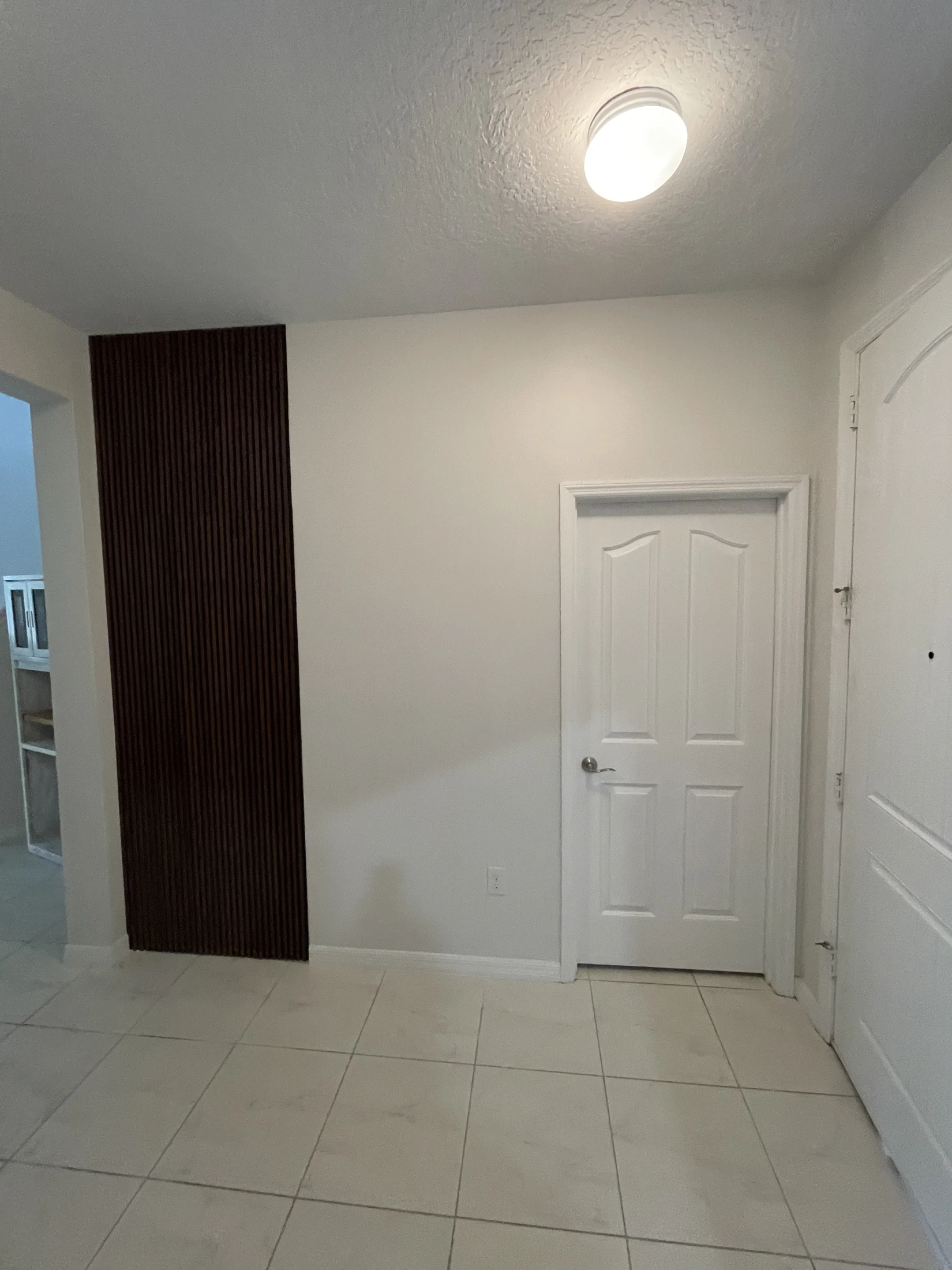 Wide room view showing the narrow slat feature and adjacent light-colored wall