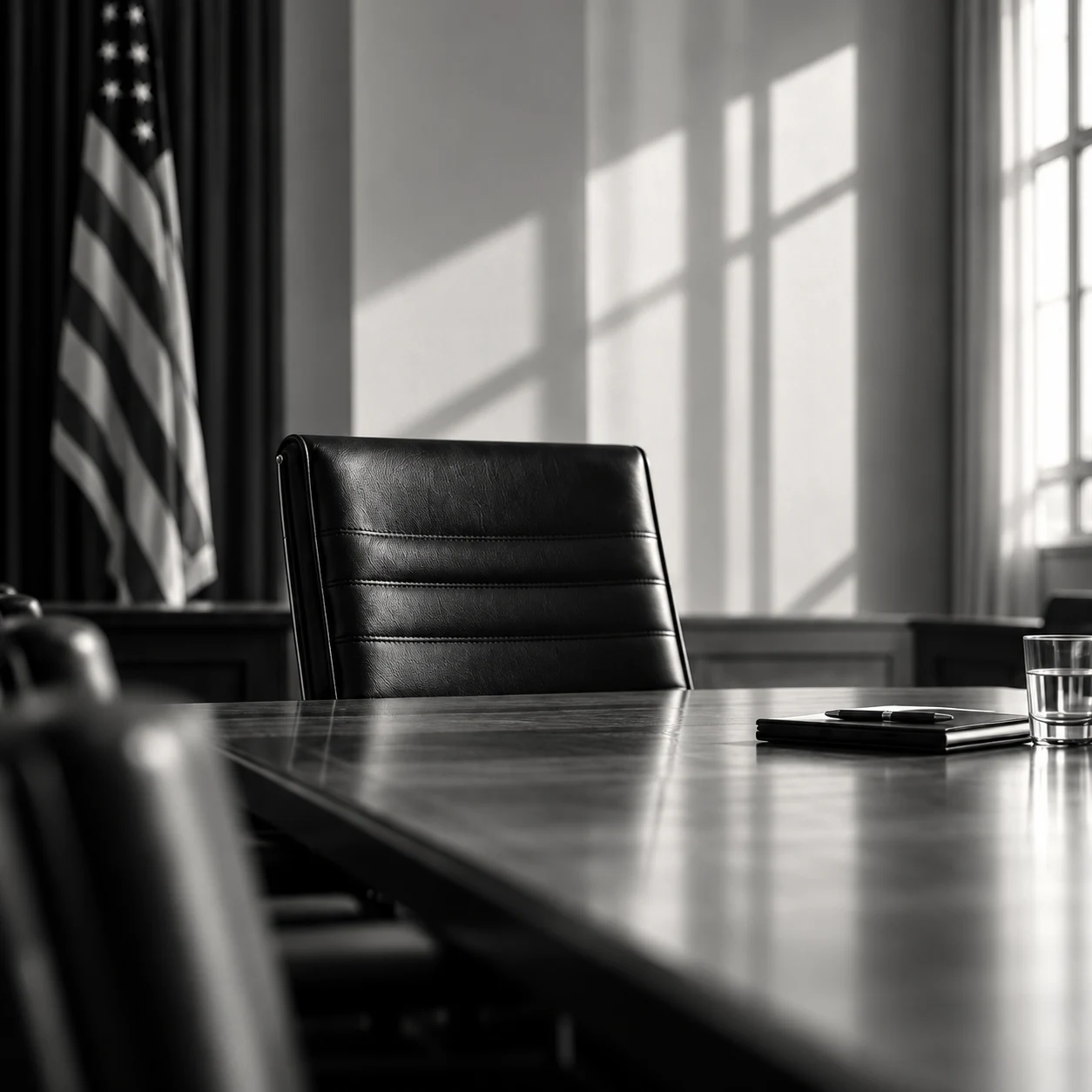 An empty chair at a conference table, photographed in black and white.