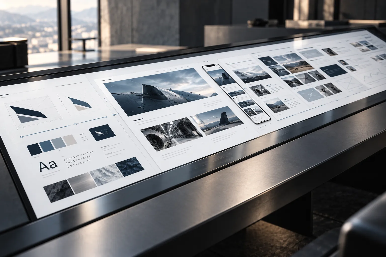 Connected brand and digital work evolving across a continuous studio surface