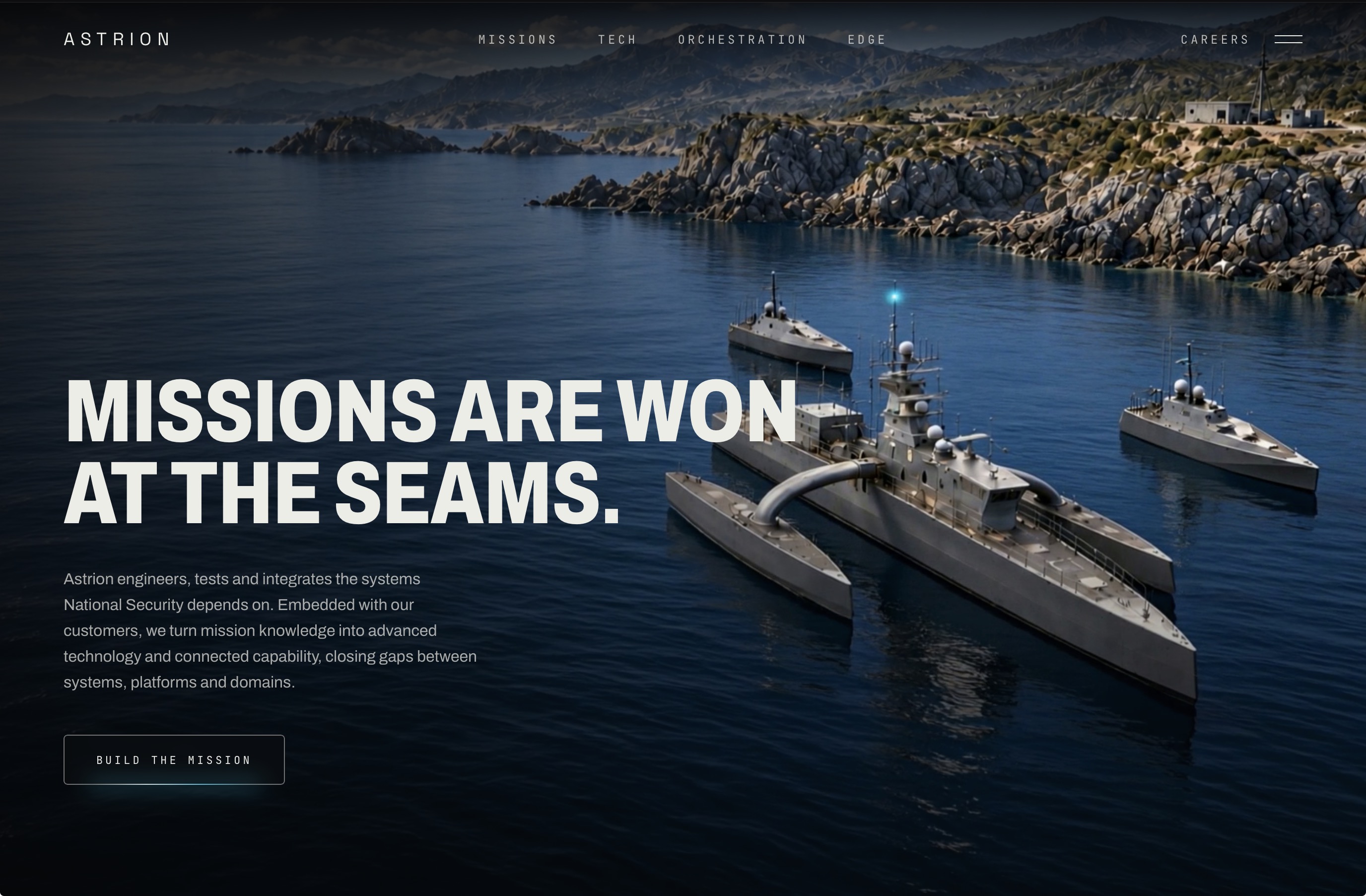Astrion homepage designed by XYZ, featuring Missions are won at the seams over maritime systems.