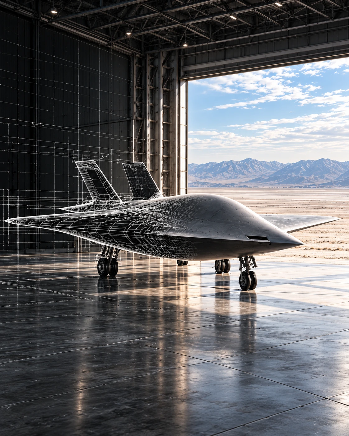 Aircraft evolving from wireframe to physical form in a hangar