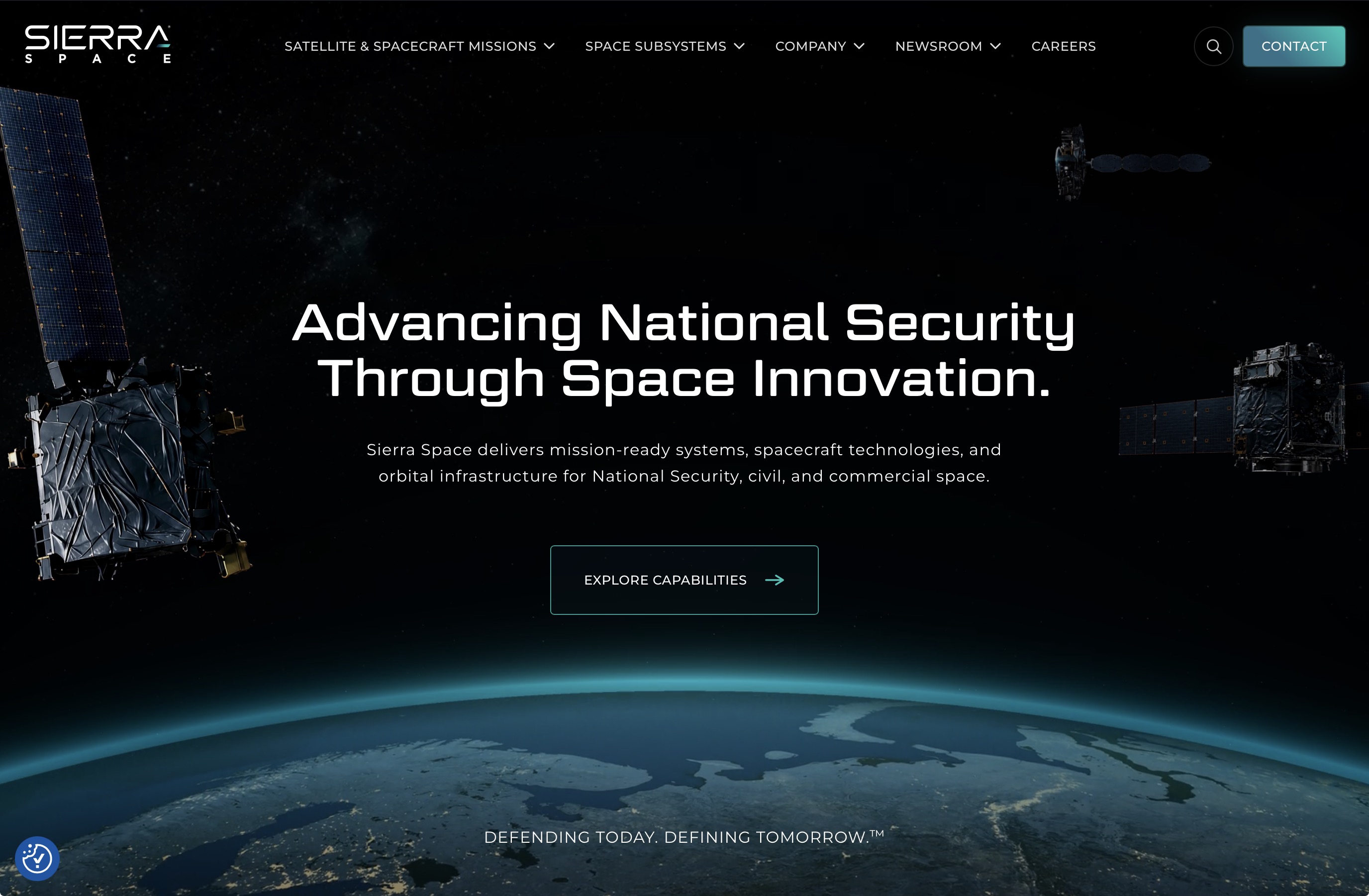 Sierra Space homepage designed by XYZ, featuring orbital spacecraft and Advancing National Security Through Space Innovation.