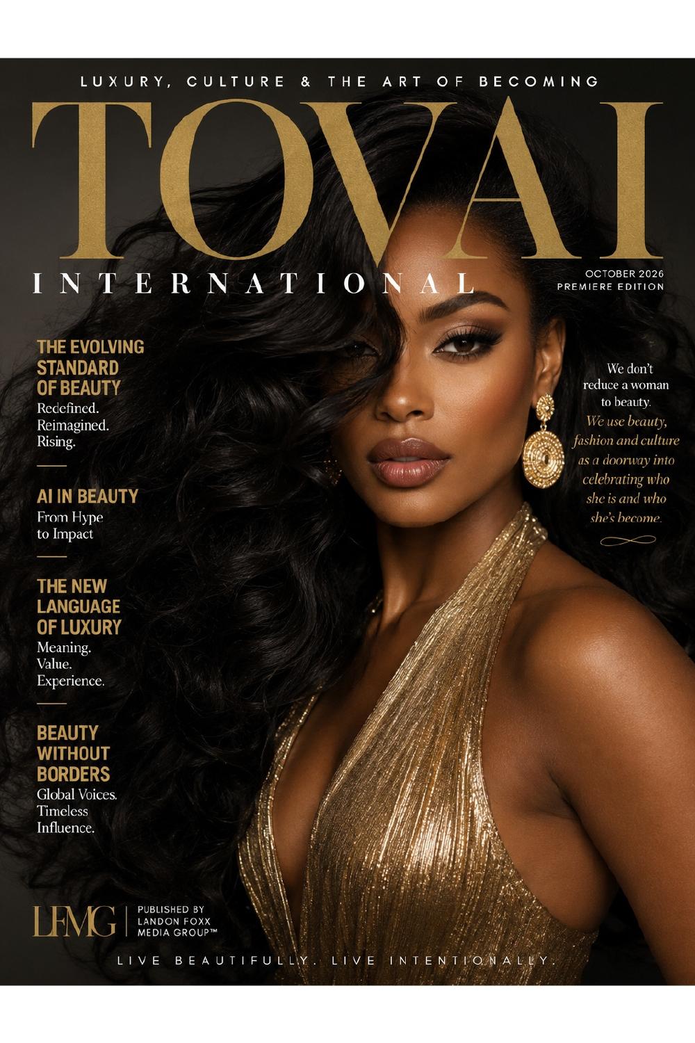 TOVAI International October 2026 Premiere cover featuring a woman in a gold dress