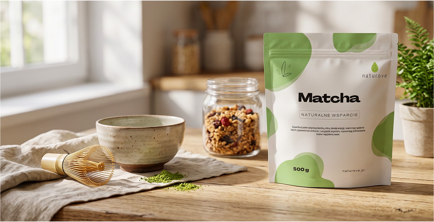 Opakowanie Naturove Matcha na drewnianym blacie w jasnej kuchni