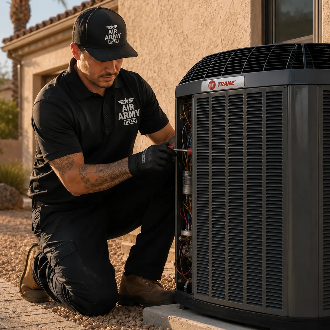 Air Army HVAC technician evaluating a Trane air conditioning system