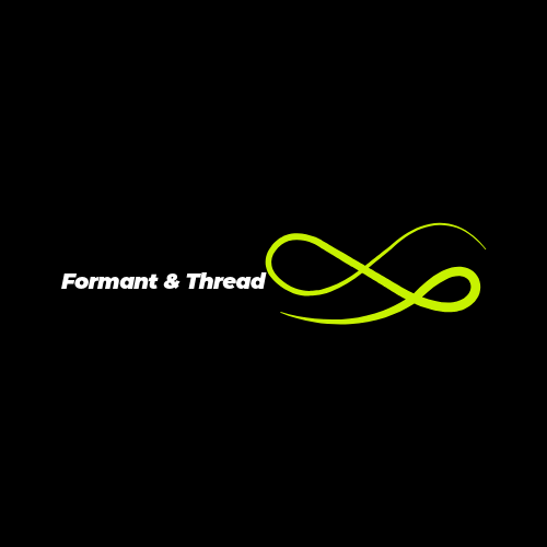 Logo with the text 'Formant & Thread' in white italic font on a black background, accompanied by a bright green abstract infinity-shaped design to the right.