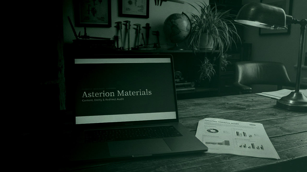 A laptop on a wooden desk displaying 'Asterion Materials Content, Entity & Redirect Audit' on screen, beside a printed report titled 'Asterion Content Audit' with graphs and charts, in a dimly lit office with a globe, plant, lamp, and framed documents on the wall.