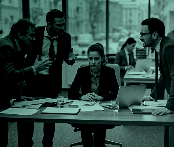 A woman sitting at a desk with a laptop looks stressed while three men in business attire around her appear to be arguing or discussing intensely in an office setting.