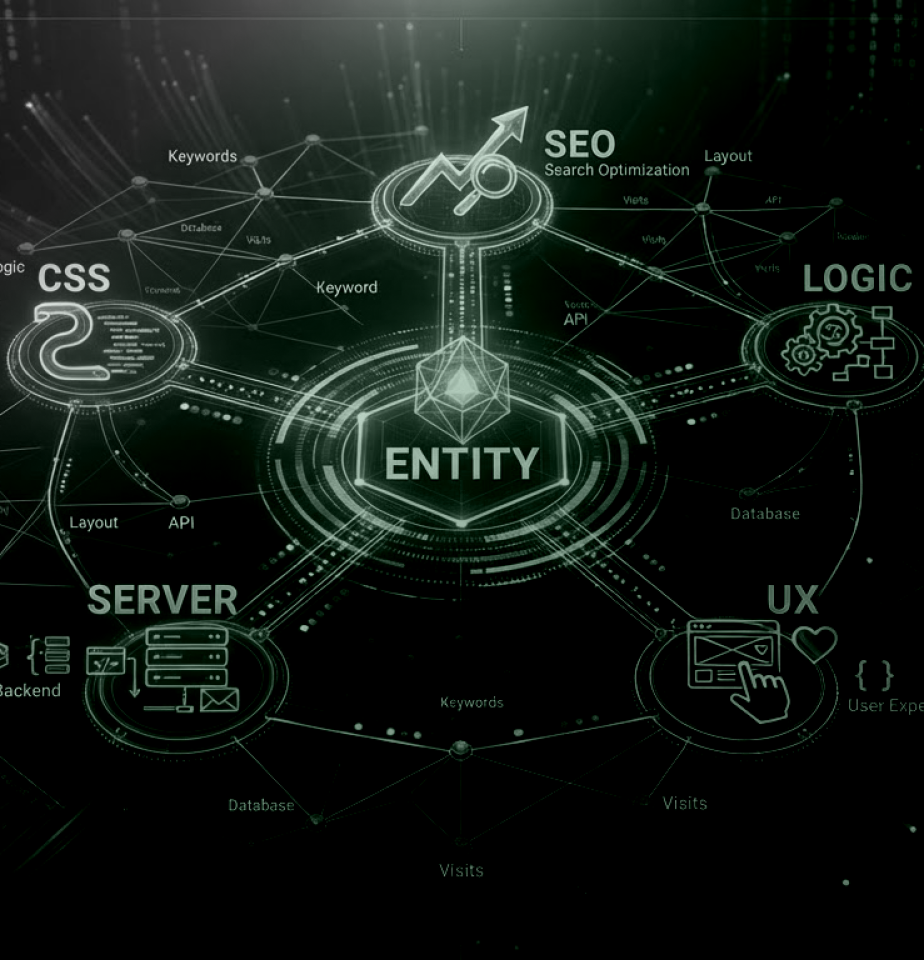 Digital network diagram centred on the word ENTITY represented by a 3D geometric shape, linking to SEO Search Optimization, CSS, LOGIC, SERVER, and UX, with connected keywords like API, Layout, Database, Visits, and User Experience.