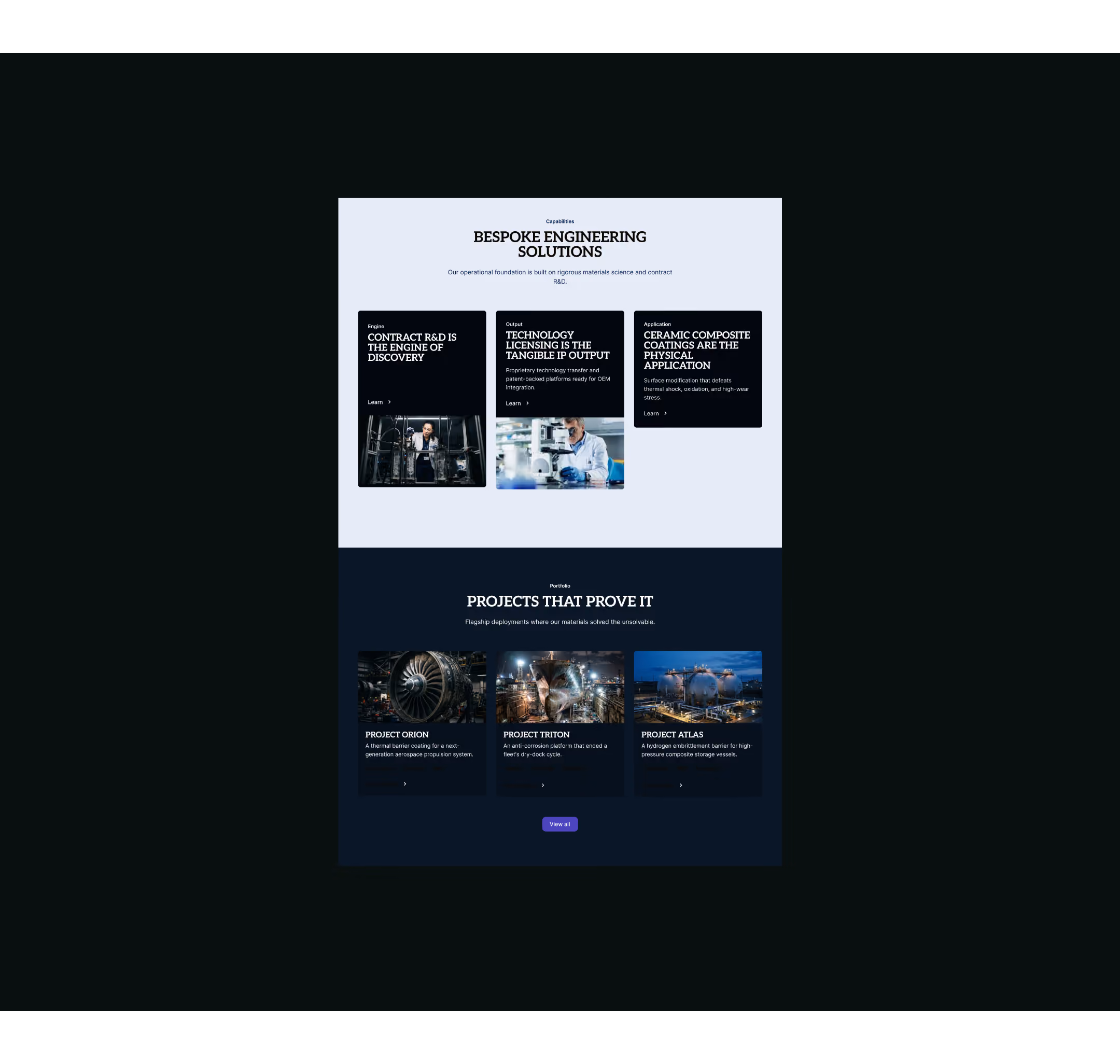 Webpage section titled Bespoke Engineering Solutions highlights three focus areas: Contract R&D as Engine of Discovery with image of person in industrial setting, Technology Licensing as Tangible IP Output with image of scientist in lab, and Ceramic Composite Coatings as Physical Application with text on surface modification benefits; below, Projects That Prove It section showcases three projects with images: Project Orion (aerospace engine), Project Triton (industrial foundry), and Project Atlas (high-pressure composite storage vessel), each with brief descriptions and arrows for details, plus a View all button at the bottom.