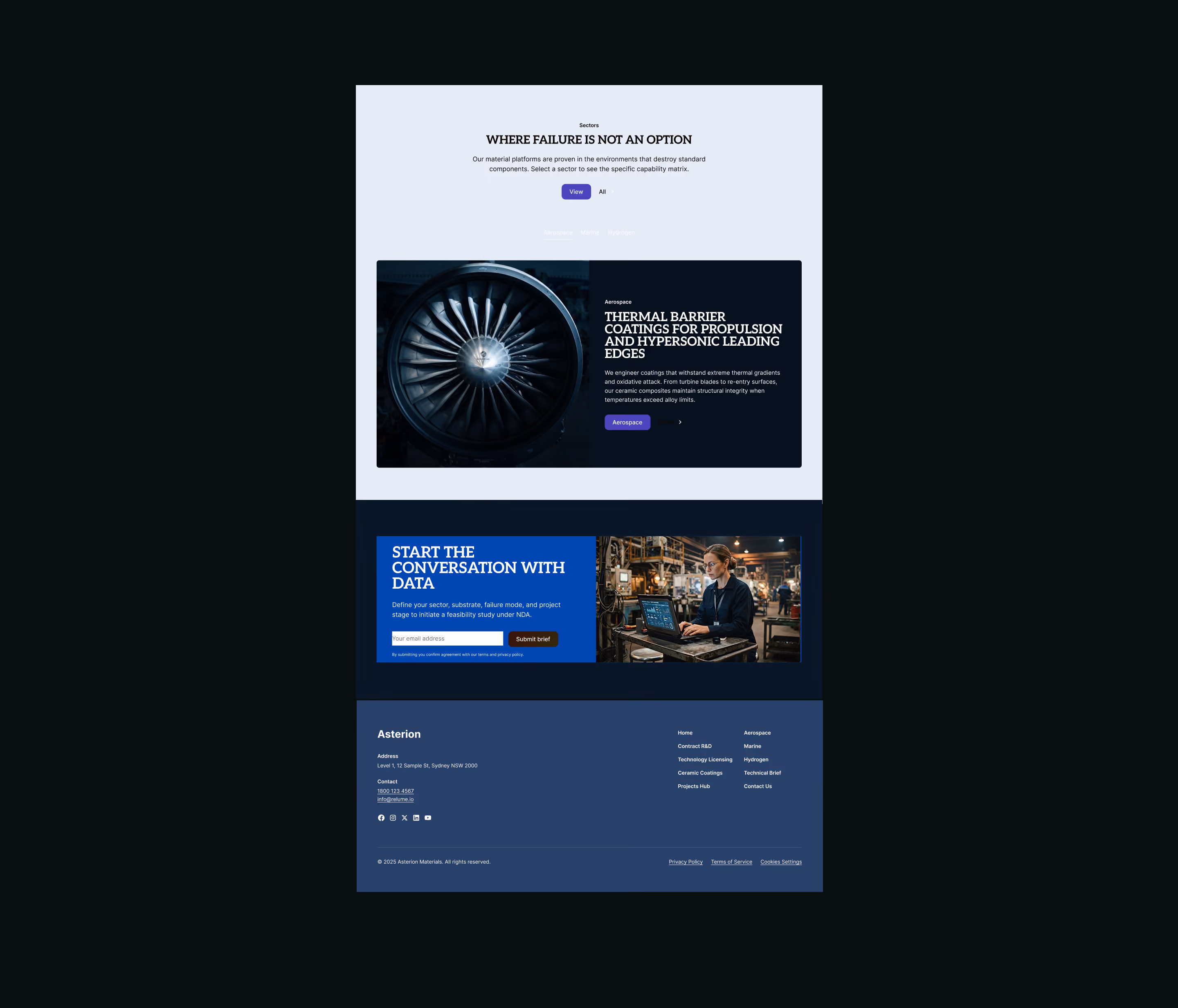 Website section showing aerospace materials with a jet engine image and headline about thermal barrier coatings for propulsion and hypersonic leading edges, alongside a call to start the conversation with data, featuring a person working on a laptop in an industrial setting, and footer with contact details and navigation links.