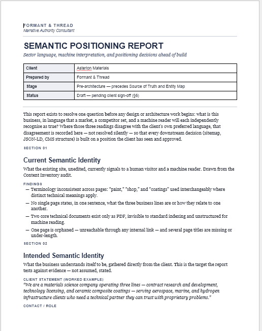 Report titled Semantic Positioning Report by Formant & Thread, Narrative Authority Consultant, for Asterion Materials. It is a draft status report on sector language, machine interpretation, and positioning decisions before design or build. The report outlines current semantic identity issues such as inconsistent terminology usage and inaccessible technical documents, and describes intended semantic identity gathered directly from the client, including a client statement about their materials science company and expertise.
