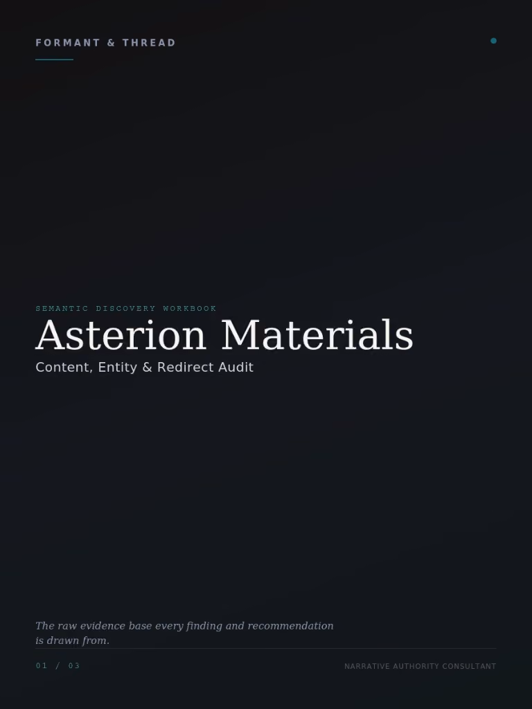 Cover page of a document titled 'Asterion Materials' with subtitle 'Content, Entity & Redirect Audit,' labelled as a Semantic Discovery Workbook by Formant & Thread.