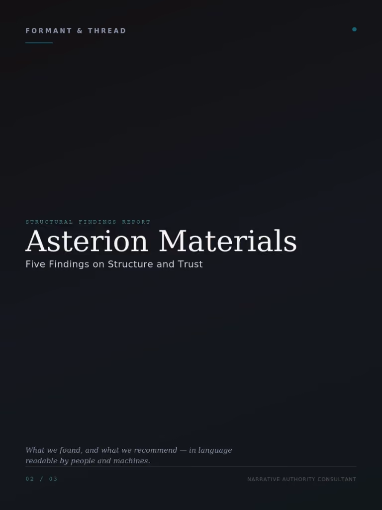 Black background cover page with the text 'Formant & Thread' at top left and 'Asterion Materials Five Findings on Structure and Trust' in the center, along with the subtitle 'What we found, and what we recommend — in language readable by people and machines.' and pagination '02 / 03' at bottom left.