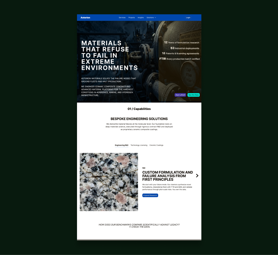 Webpage of Asterion presenting materials engineered to resist failure in extreme environments, highlighting 12 years of formulation research, 63 industrial deployments, 18 patents and licensing agreements, and production batch verification by FTIR. The page features a header with navigation, main text describing bespoke engineering solutions dismantling material failures at the molecular level through ceramic composite coatings, with an image of a speckled ceramic surface and text about custom formulation and failure analysis from first principles.