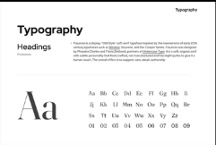 Typography style guide with a large 'Aa' sample, headings example, and a paragraph explaining typography's role in corporate branding, showing fonts and numbers.