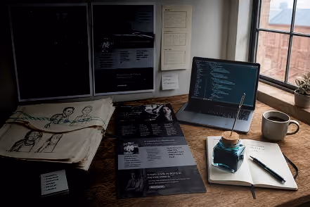 Workspace with a laptop displaying code, an open notebook with a pen, an ink bottle with a dip pen, a coffee mug, printed sheets with sketches, and documents on a wooden desk near a window.