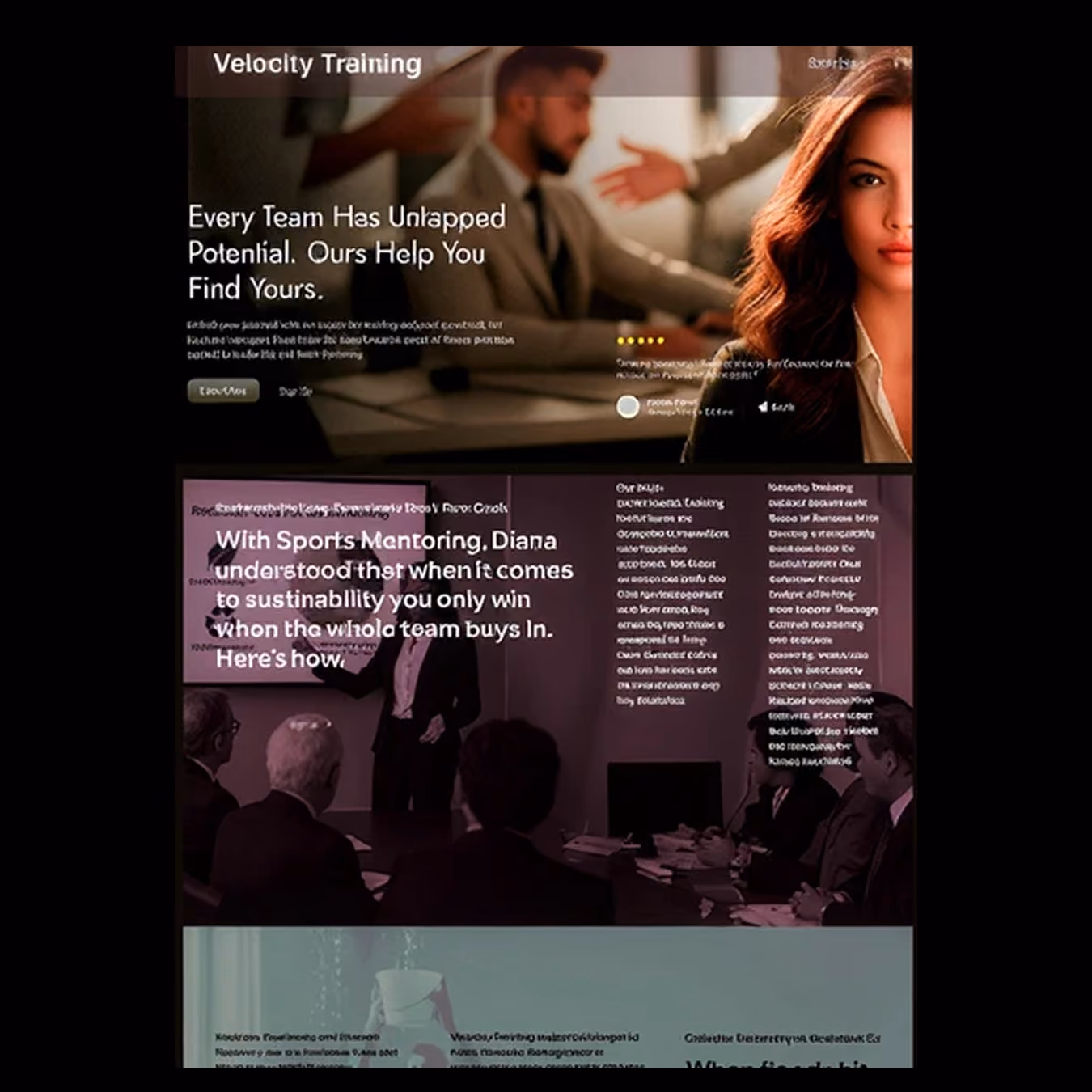 Website landing page for Velocity Training featuring a professional woman on the right and blurred businesspeople in a meeting in the background, with text about team potential and sports mentoring.