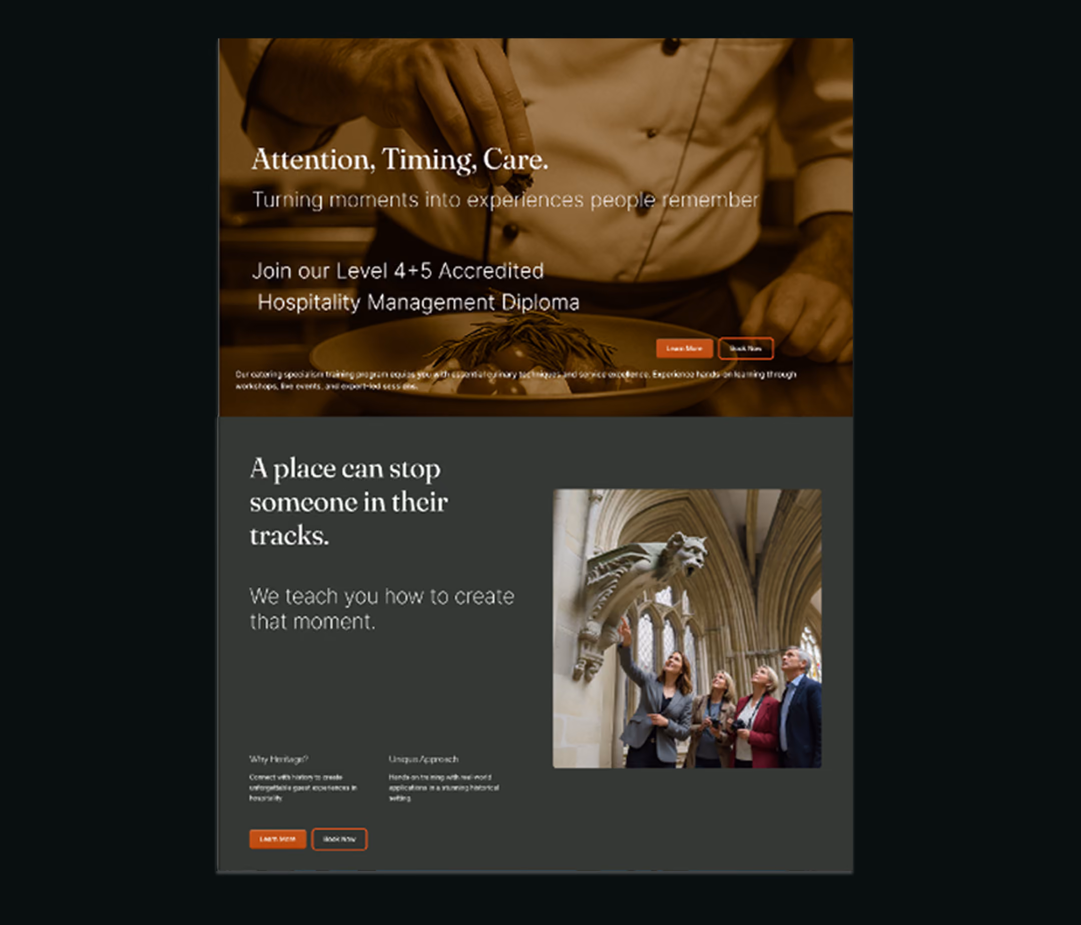 Webpage promoting a Level 4+5 Accredited Hospitality Management Diploma with a chef plating food and text emphasising attention, timing, and care. Below, a group of people is observing a gargoyle in a cathedral-like setting with text saying, 'A place can stop someone in their tracks. We teach you how to create that moment.'