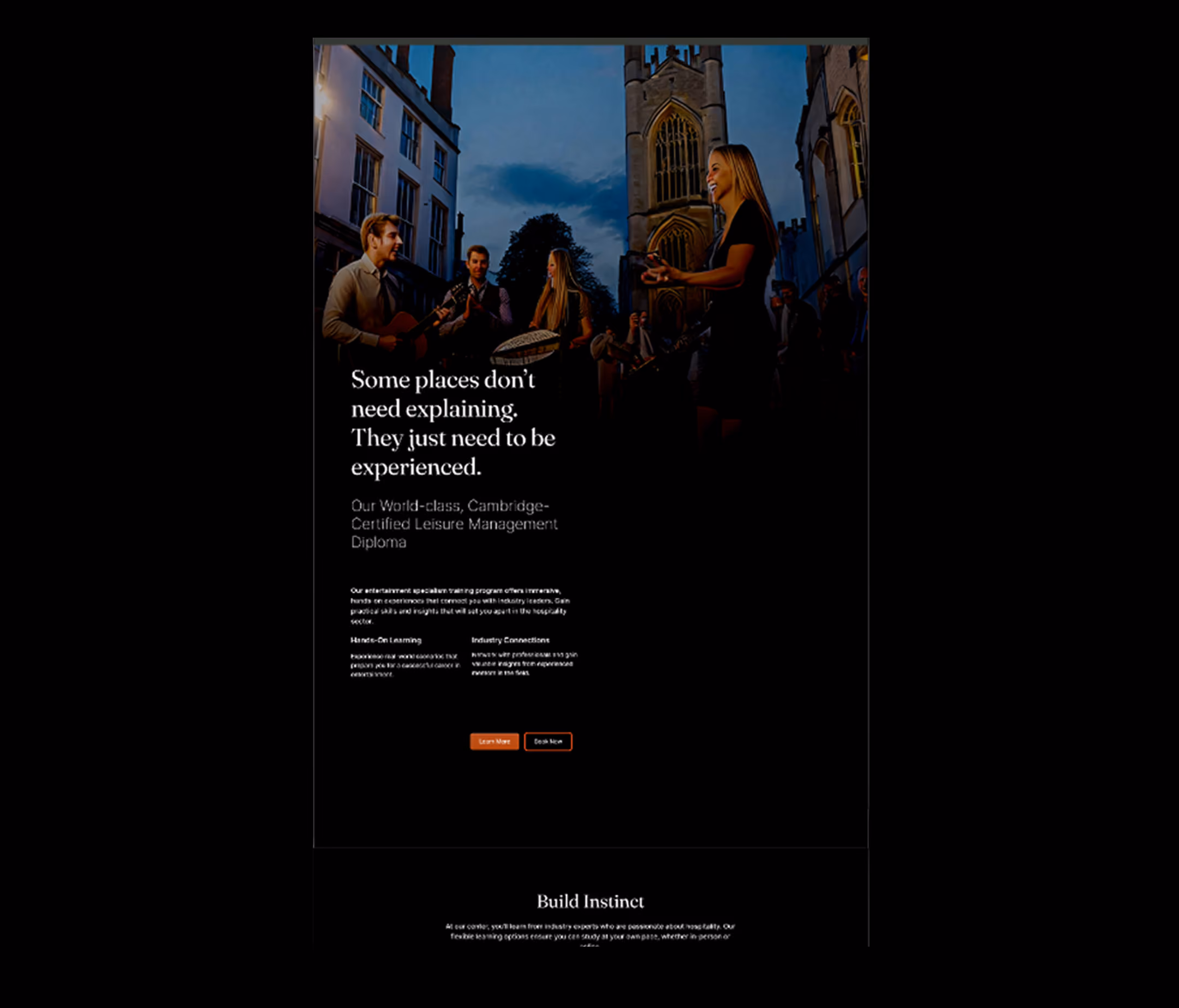 Evening scene of a group of young people playing musical instruments and singing outdoors near historic buildings under a dusky sky, with promotional text about a Cambridge-Certified Leisure Management Diploma.
