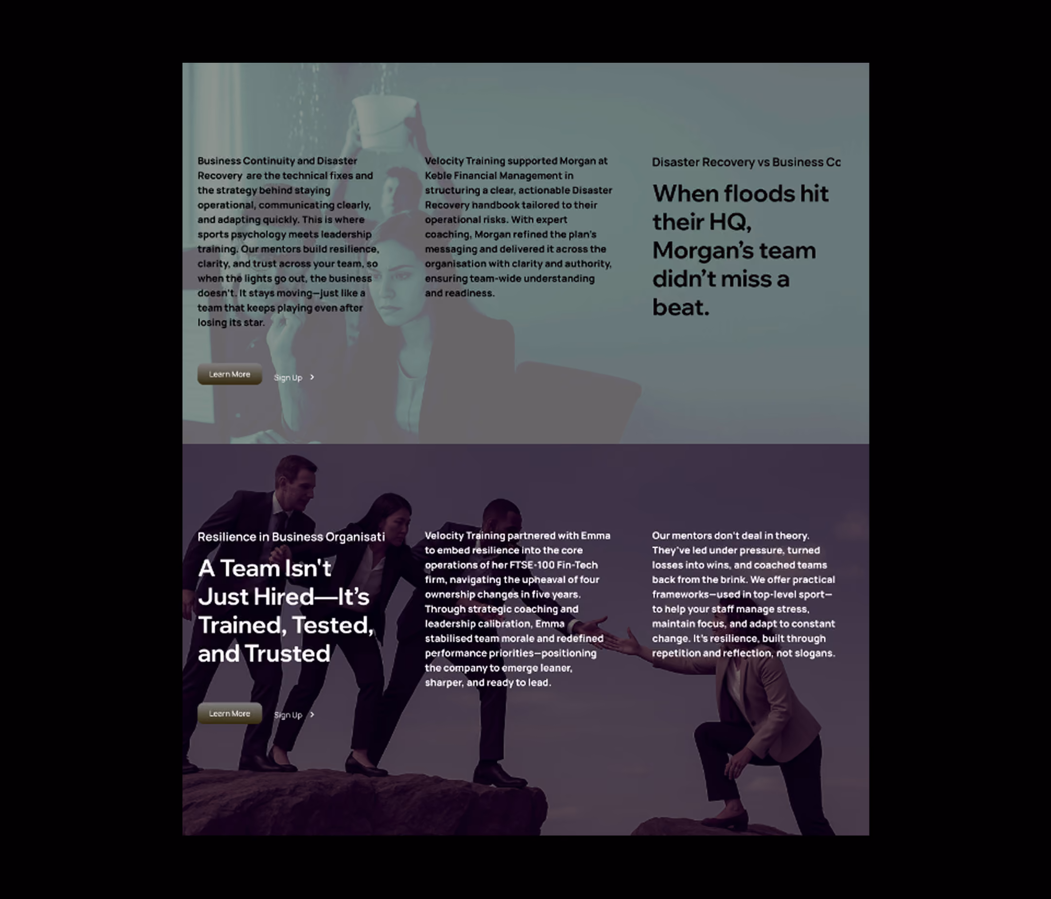 Top section: Text about Business Continuity and Disaster Recovery with an image of a person in a white suit standing on stairs. Bottom section: Two business people in suits on rock formations with text emphasizing team resilience, training, and leadership with highlights on coaching and practical frameworks.
