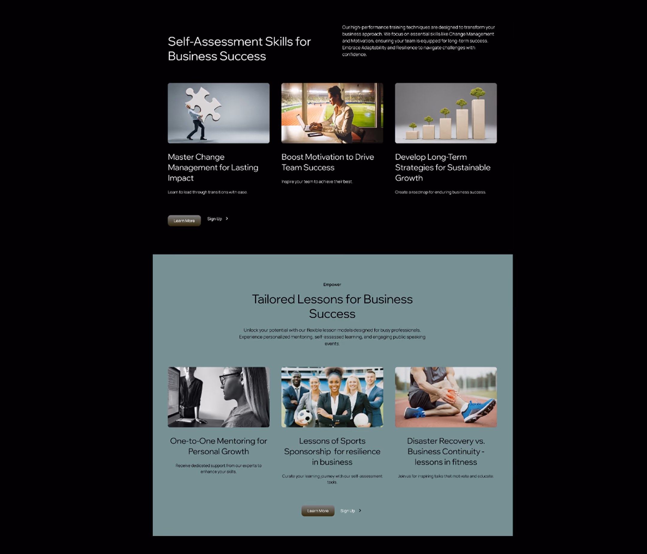 Webpage section showing 'Self-Assessment Skills for Business Success' with three offerings: Master Change Management featuring a person carrying a large puzzle piece, Boost Motivation to Drive Team Success showing a person speaking to a group, and Develop Long-Term Strategies for Sustainable Growth illustrated by a growing bar chart with small trees on each bar. Below is another section titled 'Tailored Lessons for Business Success' highlighting One-to-One Mentoring with a mentor and mentee, Lessons of Sports Sponsorship with a group of professionals holding sports equipment, and Disaster Recovery vs. Business Continuity lessons showing a person tying running shoes. Each section includes brief descriptive text and call-to-action buttons like 'Learn More' and 'Sign Up'.