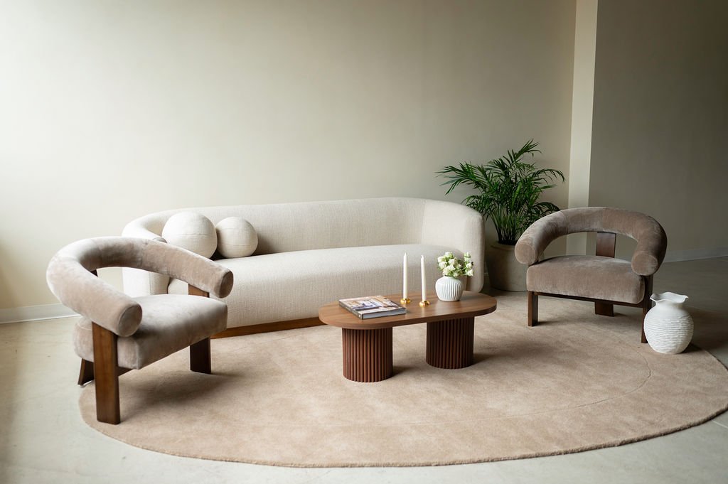 North Edit, sofa with taupe velvet chairs