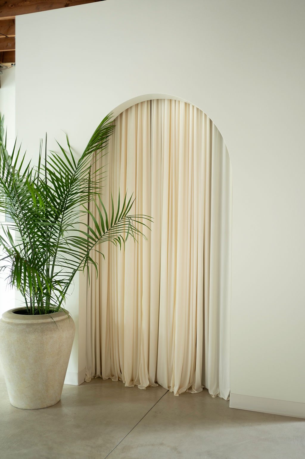 Closet Edit, curtained arch with palm
