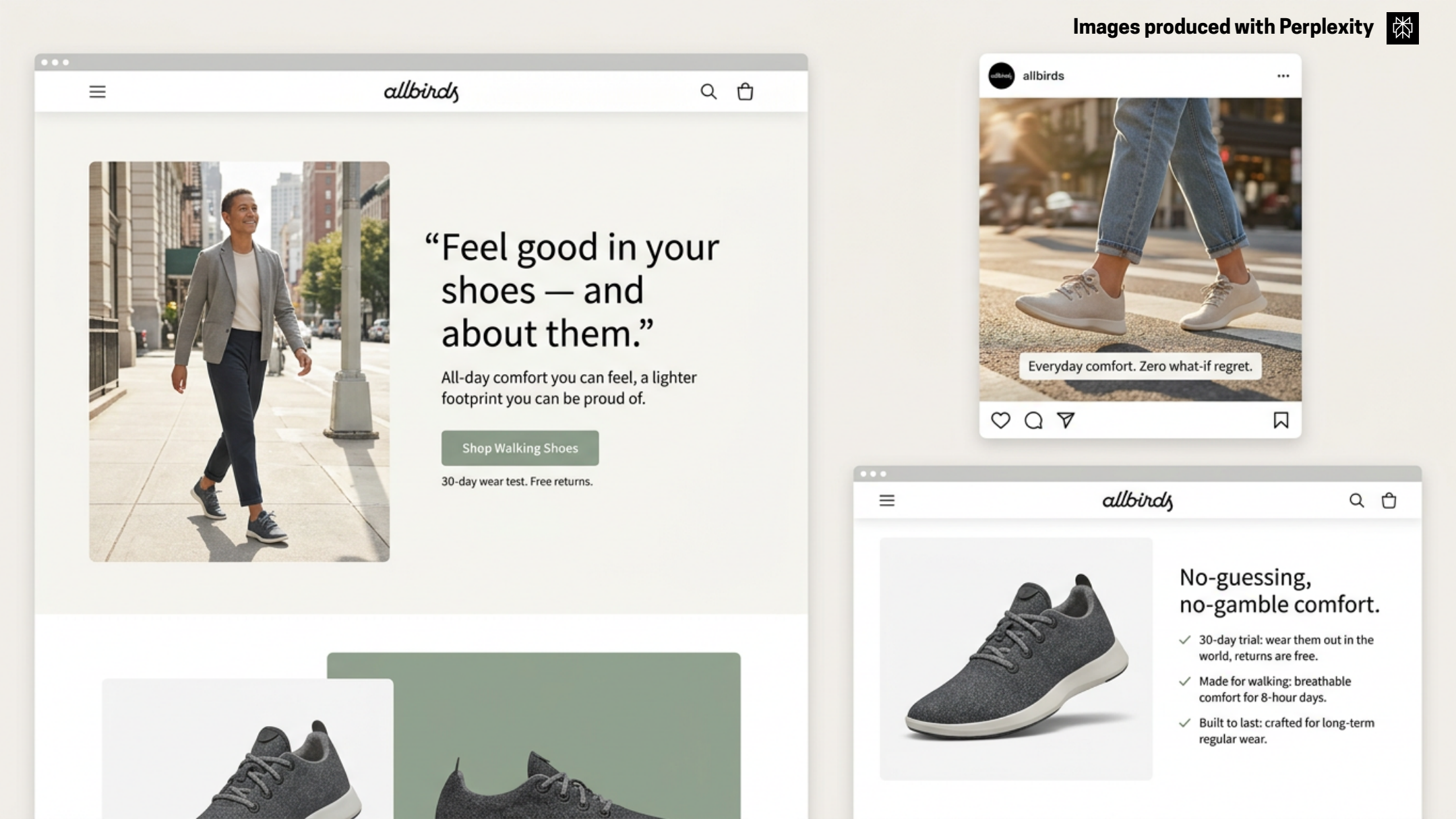 Initial Allbirds AI concept: separate website and social layouts in neutral colors with walking, comfort, and trial messaging.