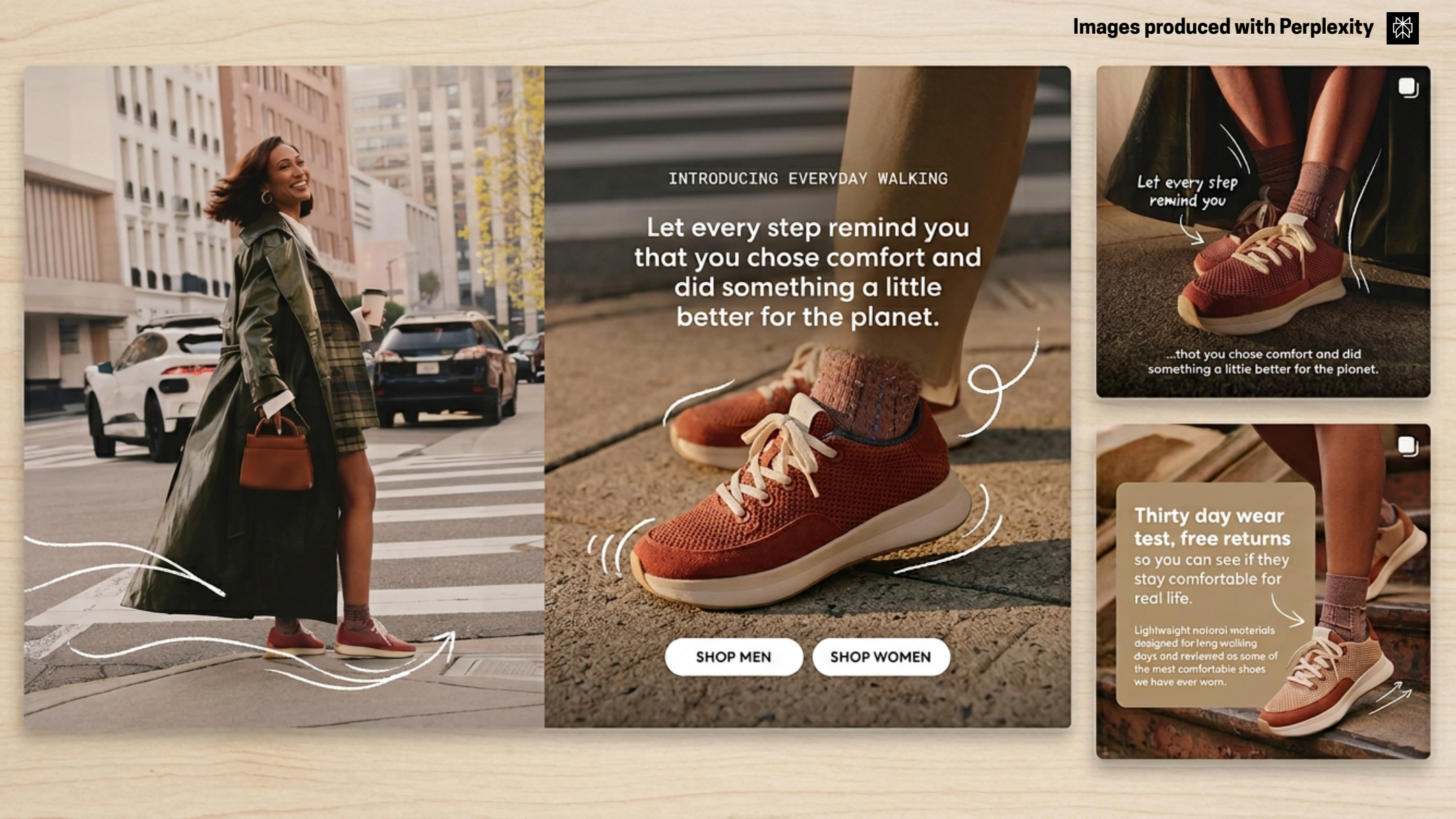 Revised Allbirds AI concept: larger lifestyle imagery, warm rust colored shoes, and drawn accents connecting website and social concepts.