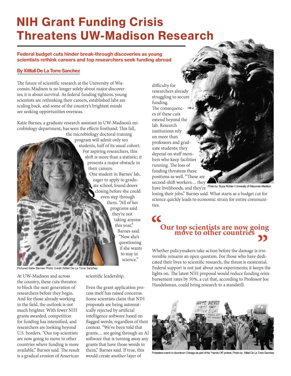 Original NIH article layout with a Katie Barnes portrait, campus imagery, and a Chicago protest photograph.