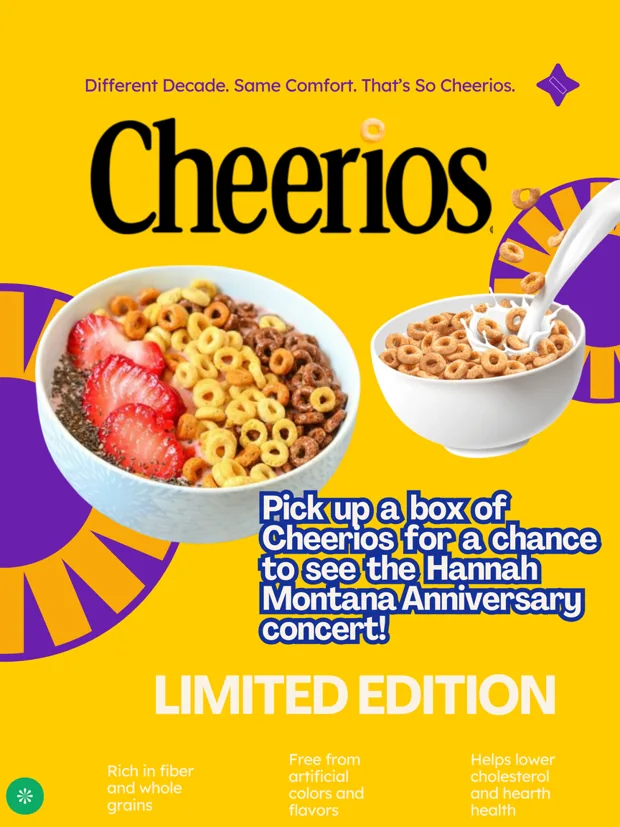 Yellow and purple Cheerios magazine concept with a proposed Hannah Montana promotion
