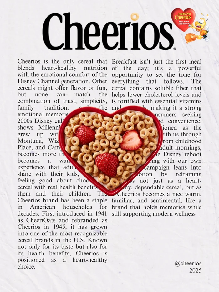 Editorial magazine concept showing a heart shaped bowl of Cheerios over brand storytelling