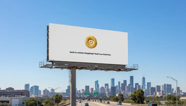 Minimal billboard concept with a single Cheerio and a school shopping message