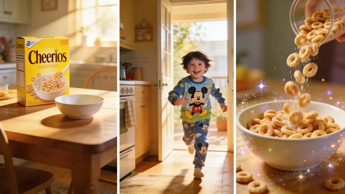 Three storyboard frames showing a kitchen, a child in Disney pajamas, and a sparkling cereal pour