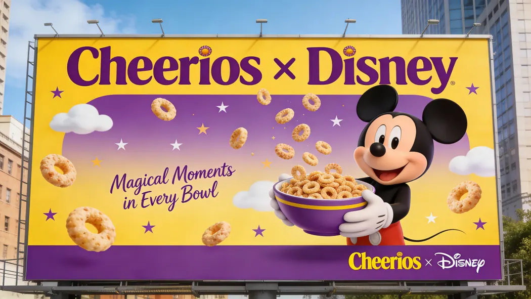 Cheerios and Disney billboard concept with Mickey Mouse and the line Magical Moments in Every Bowl