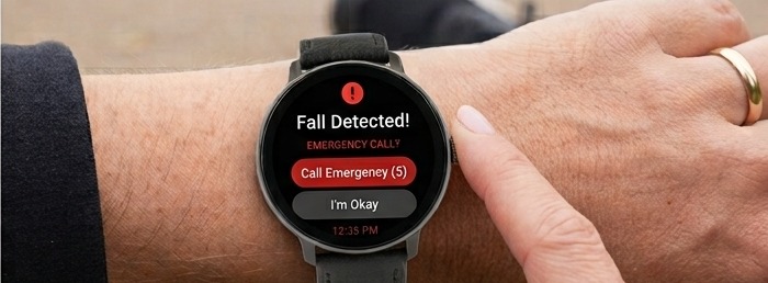 Person wearing the Track2Care wearable with a Fall Detected alert on screen, reaching to tap Call Emergency or I'm Okay