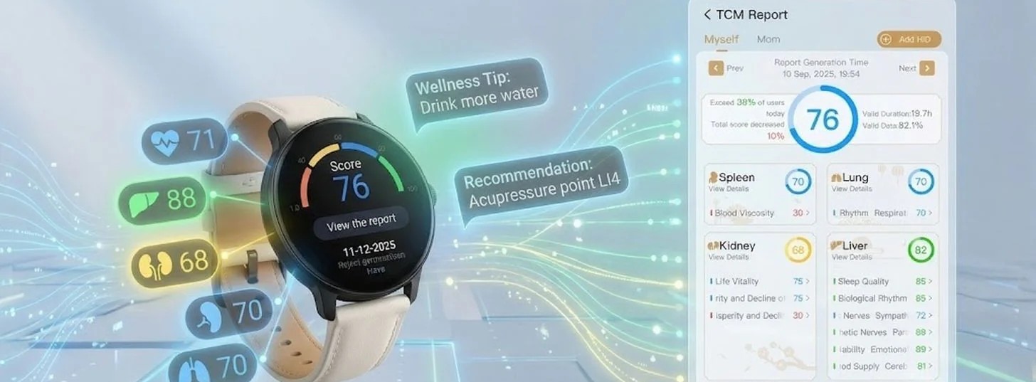 A wellness report screen showing a loved one's daily health score and recommendations