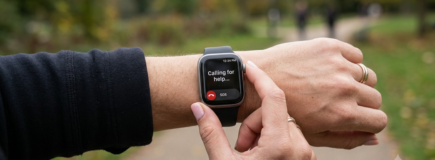 Person pressing the side button on the Track2Care wearable while the screen shows Calling for help... SOS
