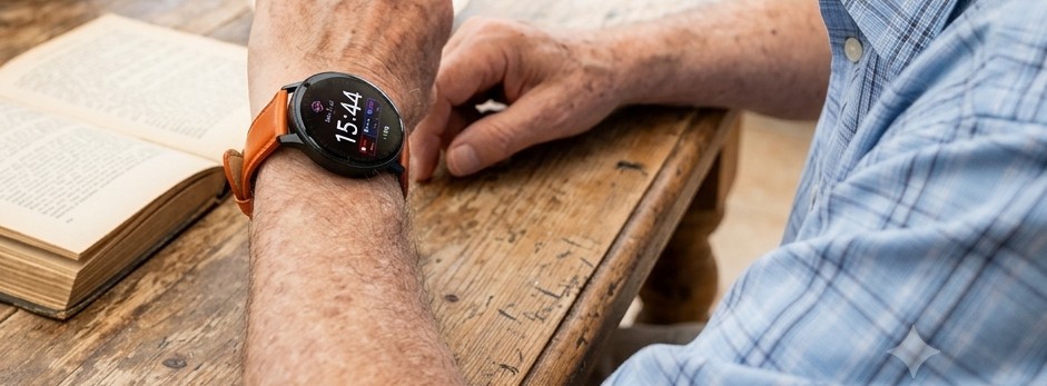 An older man wearing the Track2Care watch at home, relaxed with a book and tea