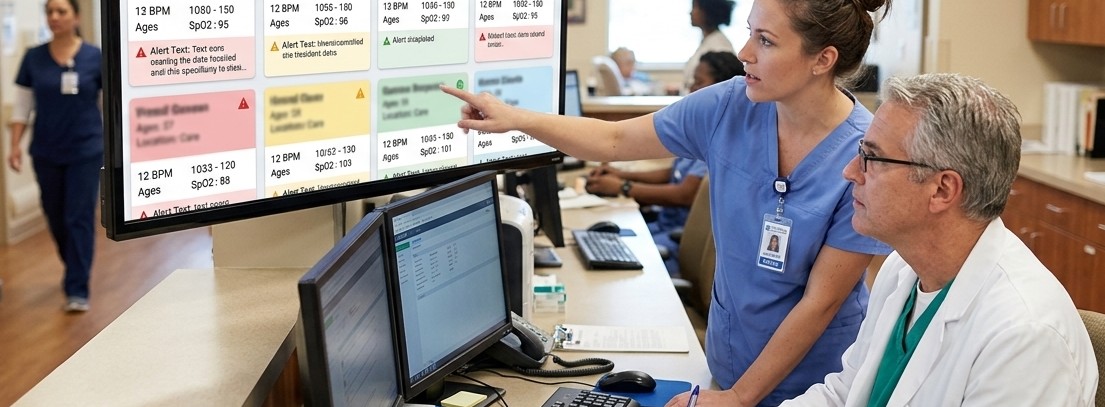 A nurse and doctor reviewing patient status alerts on a facility monitoring dashboard