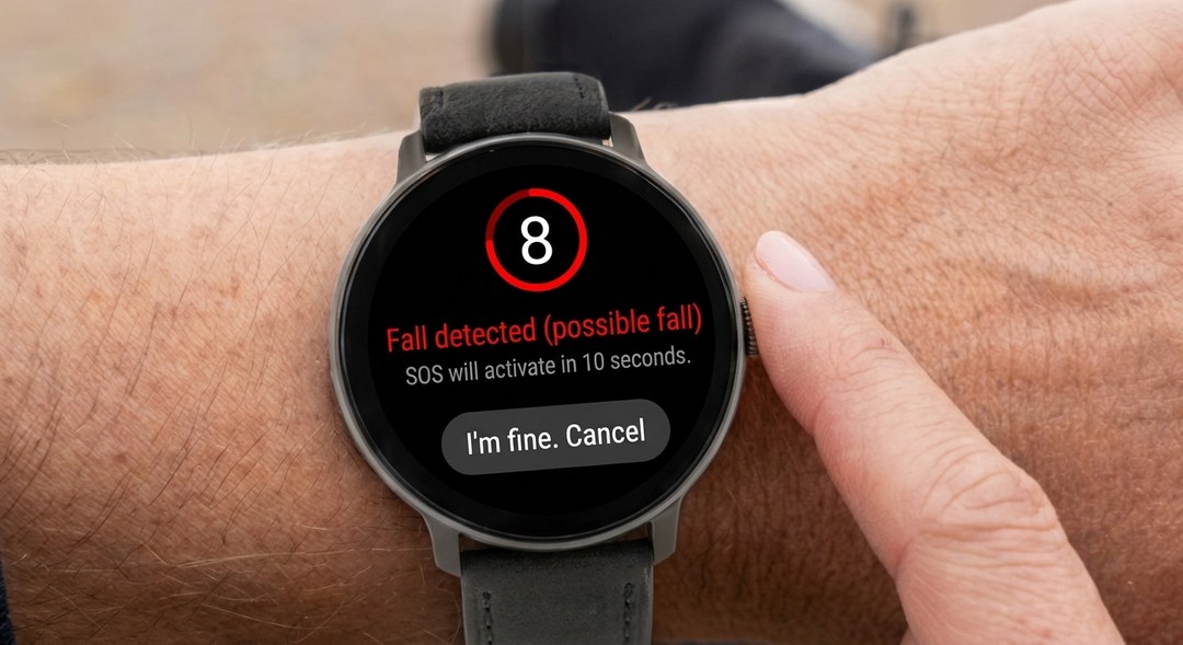 Person wearing the Track2Care wearable with a Fall Detected alert on screen, reaching to tap Call Emergency or I'm Okay