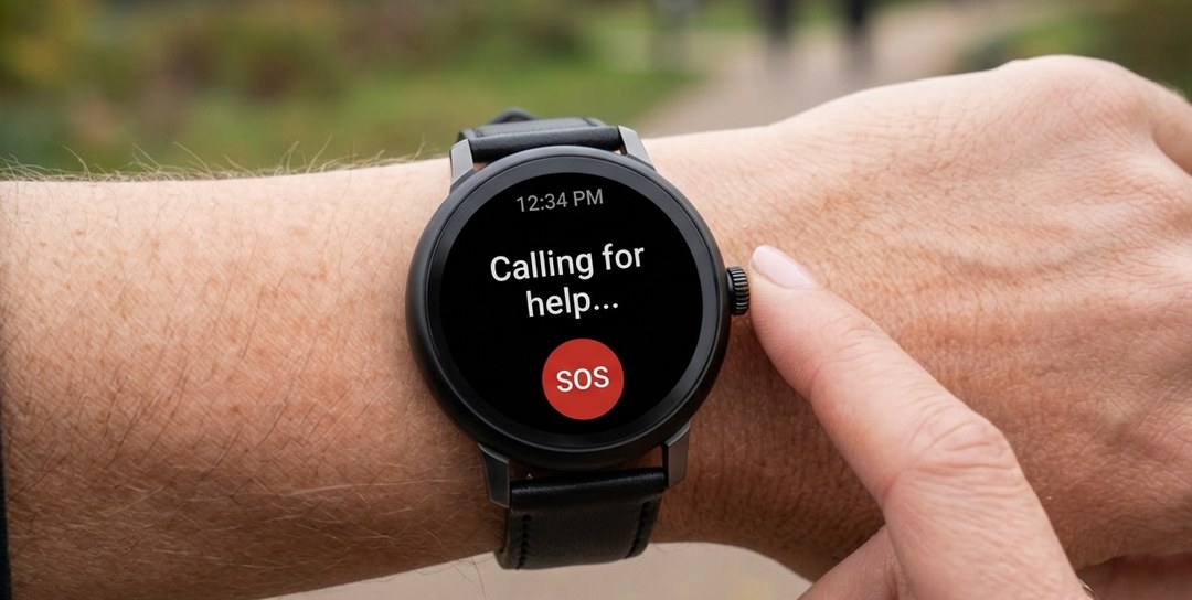 Person pressing the side button on the Track2Care wearable while the screen shows Calling for help... SOS