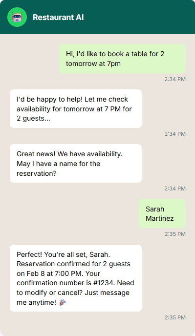 Chat interface with Restaurant AI confirming a reservation for 2 guests at 7 PM tomorrow with confirmation number #1234 for Sarah Martinez.